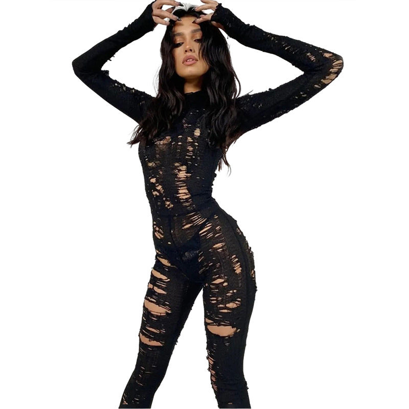 Women's Fashion Personality Street Knitted Hollow-out Ripped High Waist Tight Jumpsuit