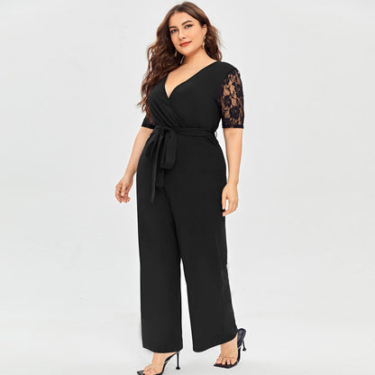 Women's Deep V Neck Lace Short Sleeve Plus Size Jumpsuit