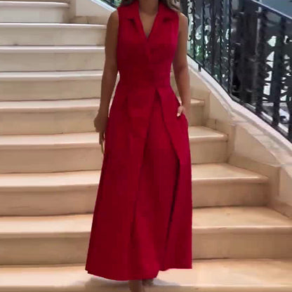 Vestido elegante largo sin mangas con cuello polo de color sólido europeo y americano