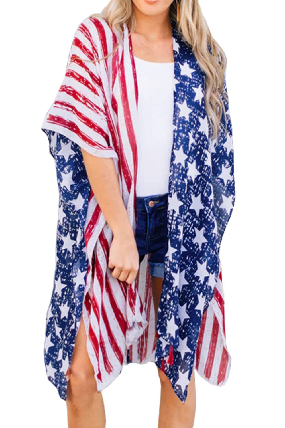 MeiMei Full Size Star & Stripes Open Front Cover Up