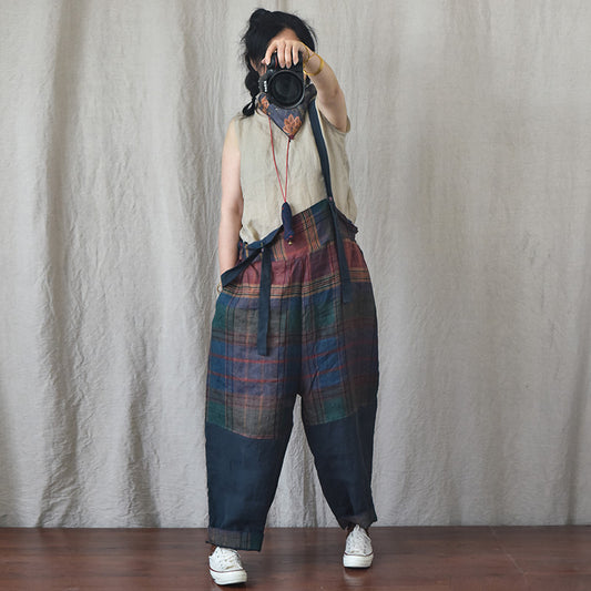 Pantalones de lino con tirantes y patchwork de moda para el tiempo libre