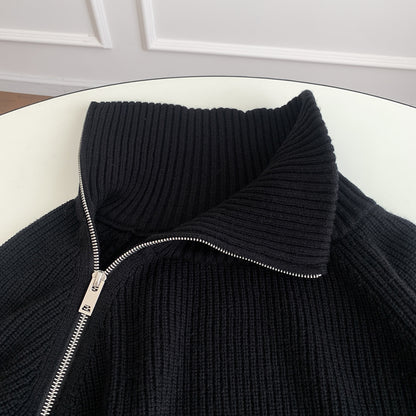 Schwarzer seitlicher Reißverschluss Strickjacke Verdickter lockerer Kamelpullover