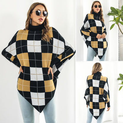 Mittellanger karierter Jacquard-Cape-Pullovermantel für Damen