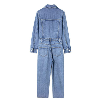 Women's Fashion Lapel Long Sleeve Straight Denim Jumpsuit