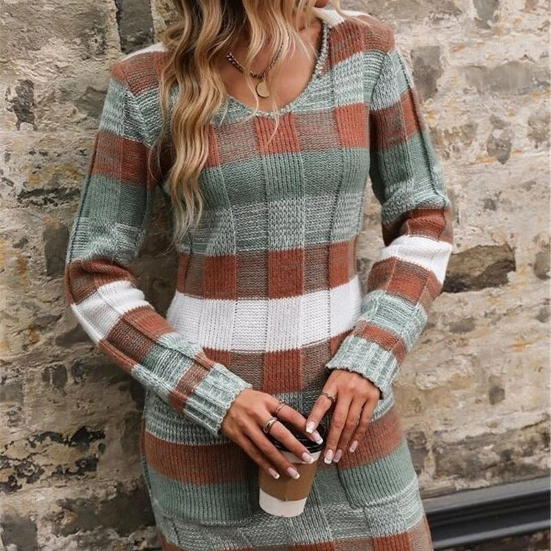 V-neck Color-block Double Pocket Knitted Slim Fit Sweater Dress