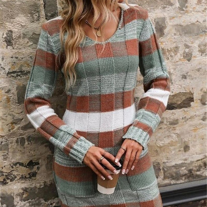 V-neck Color-block Double Pocket Knitted Slim Fit Sweater Dress