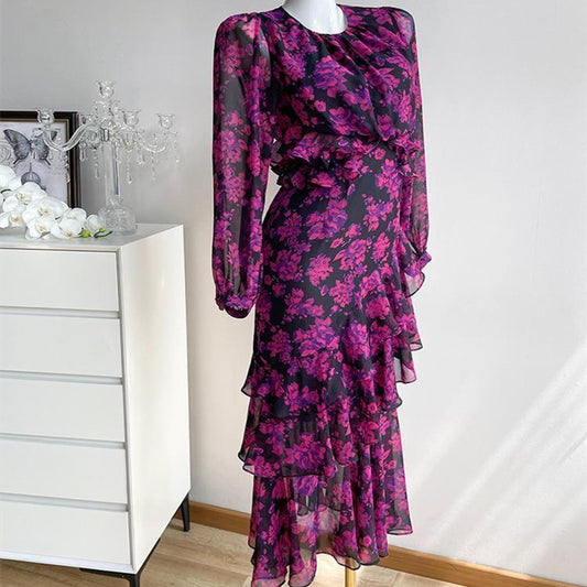 Langärmliges Kleid mit Drachenfrucht-Blumenmuster