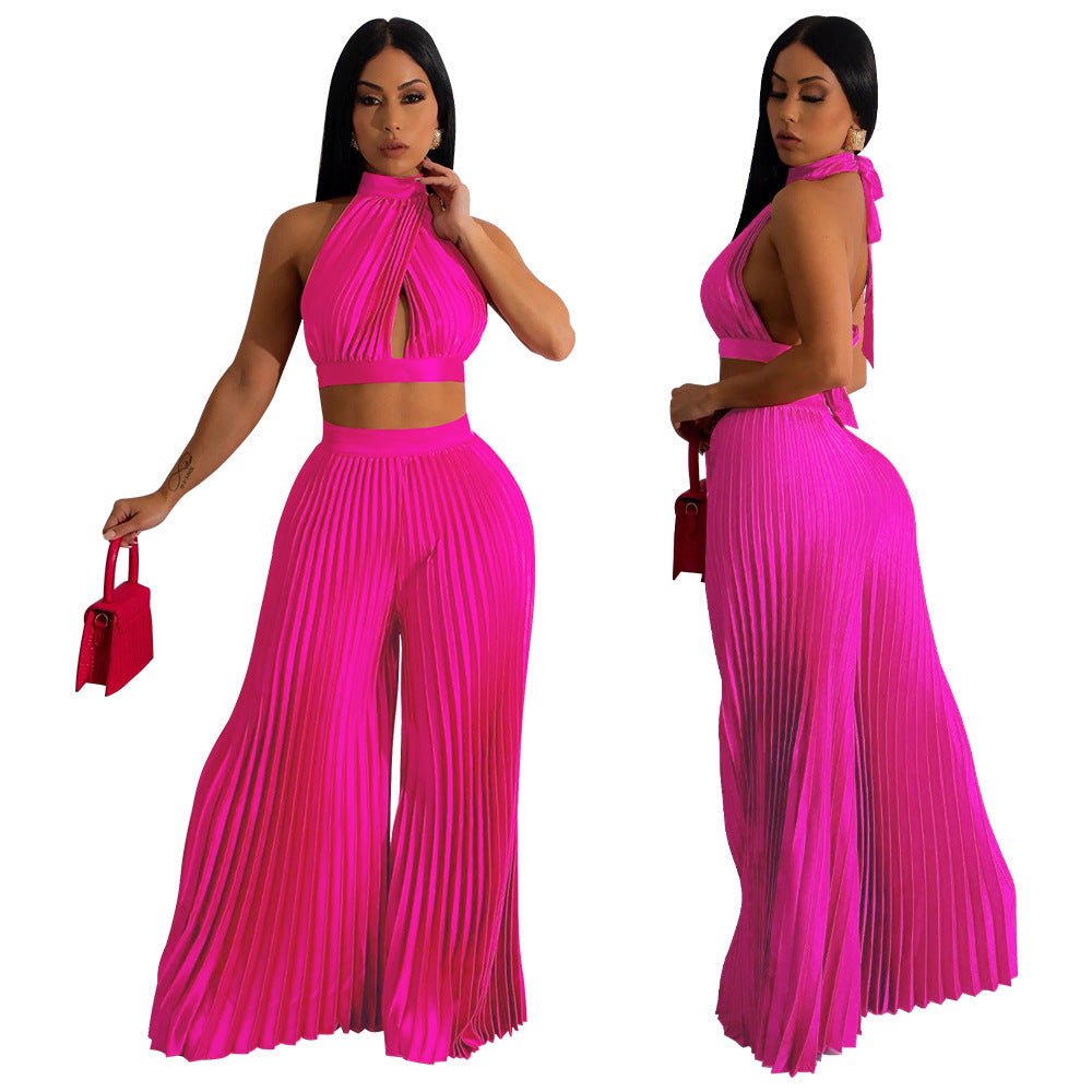 Women's Halter Silk-like Pleated Wide-leg Pants Two-piece Set