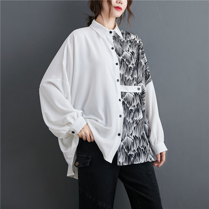 Contrast Print Loose And Slim Long-sleeved Shirt