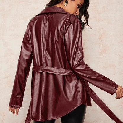 Women's leather shirt mid-length zipper belt top