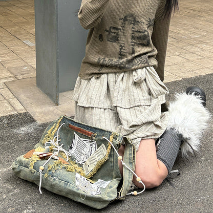 Bettler Einkaufstasche Nähte Denim Shabby