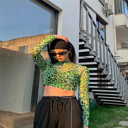 Tight fluorescent green leopard tulle top