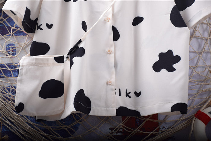 Camisa de gasa de manga corta con cuello de traje y estampado de letras de vaca linda infantil Bolsa gratis