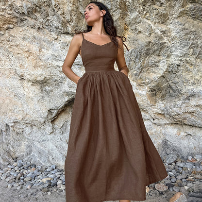 Französisches Kleid aus atmungsaktivem Baumwoll- und Leinenstoff mit hoher Taille im Urlaubsstil, langer Rock für Damen