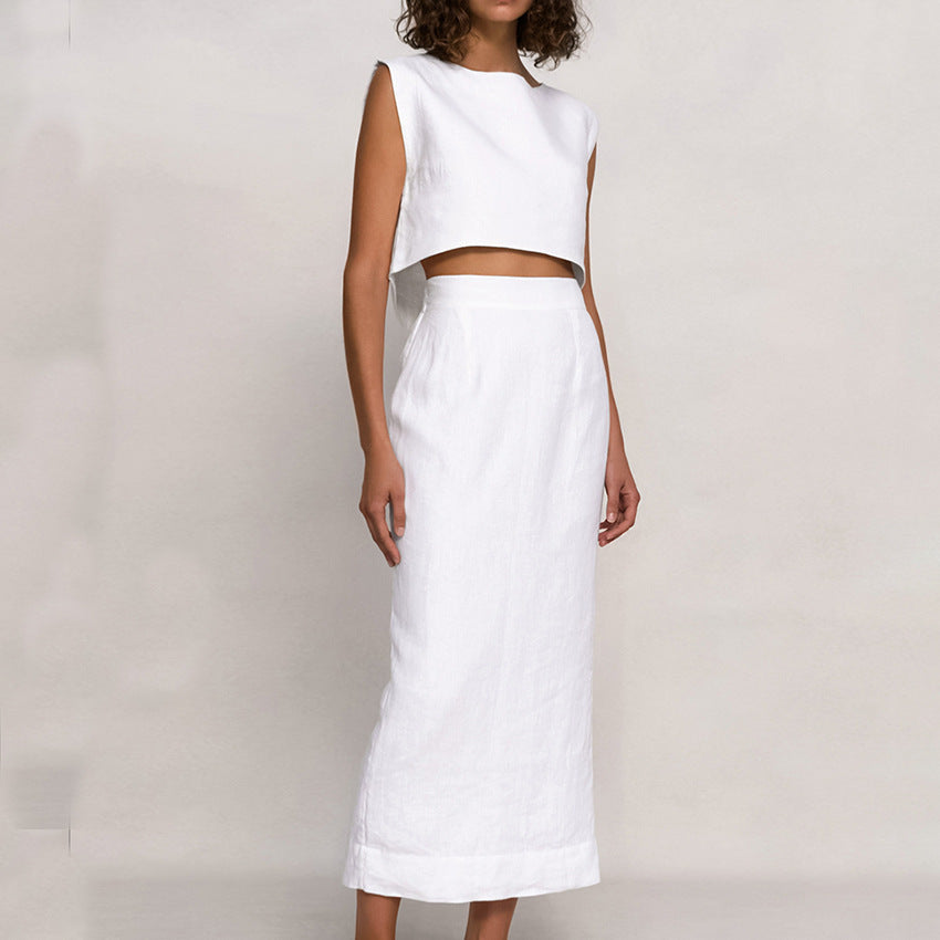 Cotton Sleeveless Top Straight Skirt White Suit