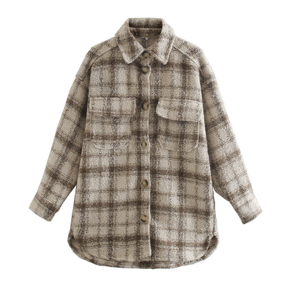 Women's Coarse Woolen Loose Long Plaid Coat