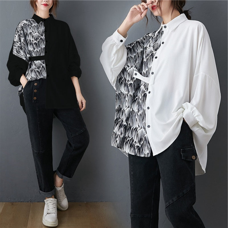 Contrast Print Loose And Slim Long-sleeved Shirt