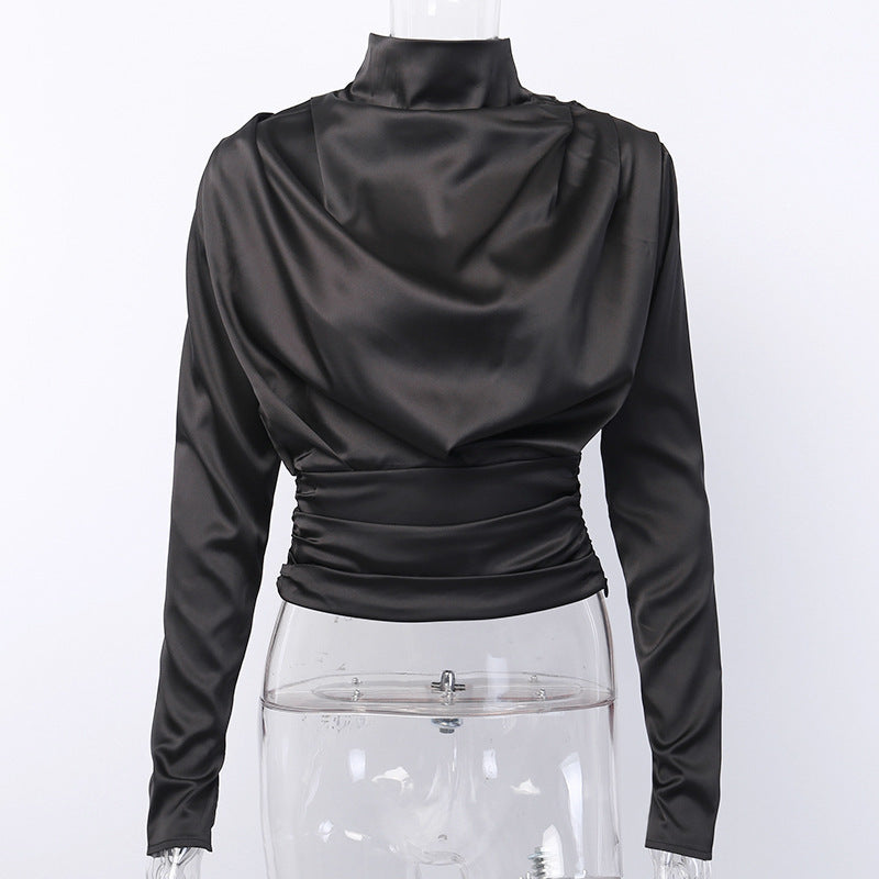 Turtleneck draped black office ladies shirt