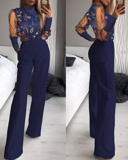 Trendy Shiny Mesh Dusting Powder Stitching High-end Elegant Jumpsuit