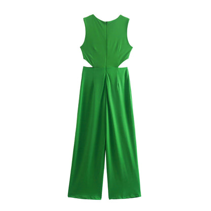 Einfarbiger Jumpsuit mit Rundhalsausschnitt, Knoten und Cut-outs für Damen