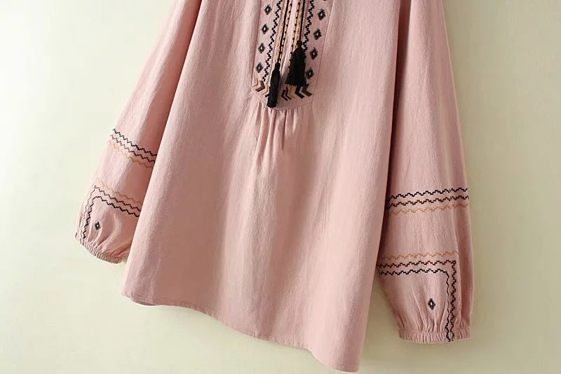 Cotton and linen embroidered fringed lace-up shirt