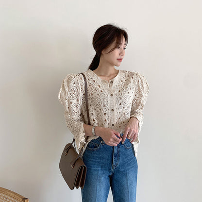 Women's Crocheted Casual Puff Sleeve Sweater