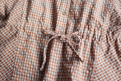 Cotton And Linen Shirt With Plaid Lapel And Belted Waist