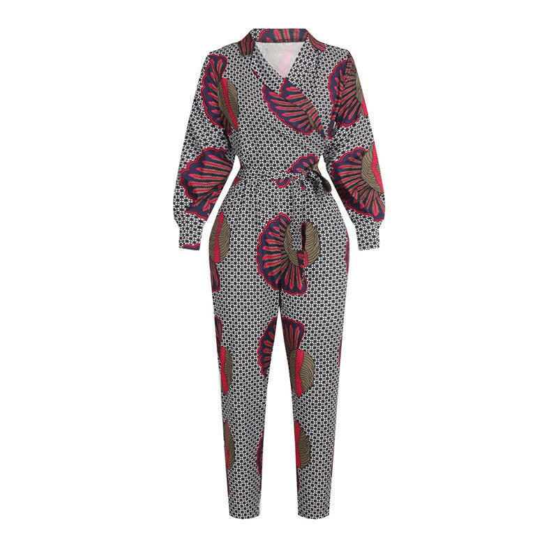 Women's V-neck Autumn Long-sleeved Jumpsuit African Style Cropped Trousers