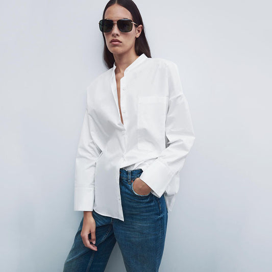 Camisa de popelina blanca de moda para mujer con bolsillos