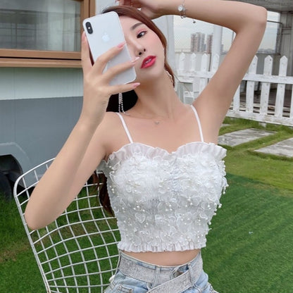 Three-Dimensional Flower Pearl Net Red Waist Top Women's Clothing