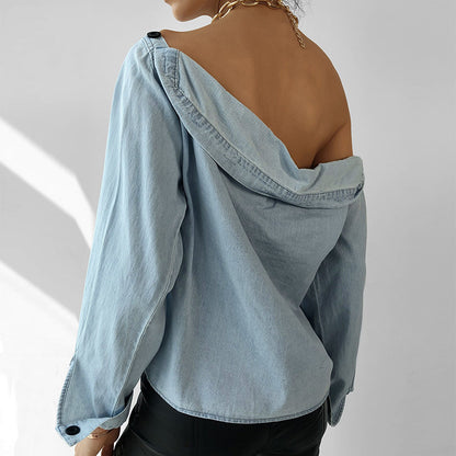 Women's Button Neck Off The Shoulder Long Sleeved Denim Shirt