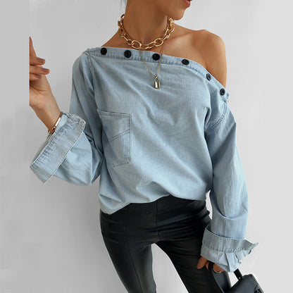 Women's Button Neck Off The Shoulder Long Sleeved Denim Shirt