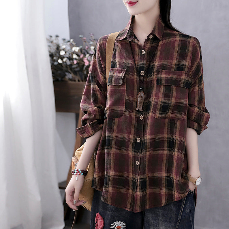 Damen New Style Retro Literary Loose Check Shirt Baumwoll-Leinen-Shirt Langarm-Oberteil