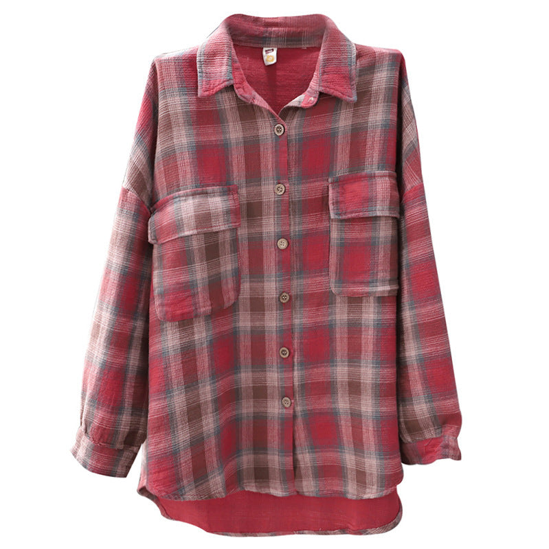 Damen New Style Retro Literary Loose Check Shirt Baumwoll-Leinen-Shirt Langarm-Oberteil