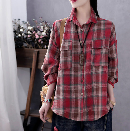 Damen New Style Retro Literary Loose Check Shirt Baumwoll-Leinen-Shirt Langarm-Oberteil