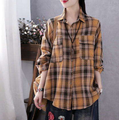 Damen New Style Retro Literary Loose Check Shirt Baumwoll-Leinen-Shirt Langarm-Oberteil