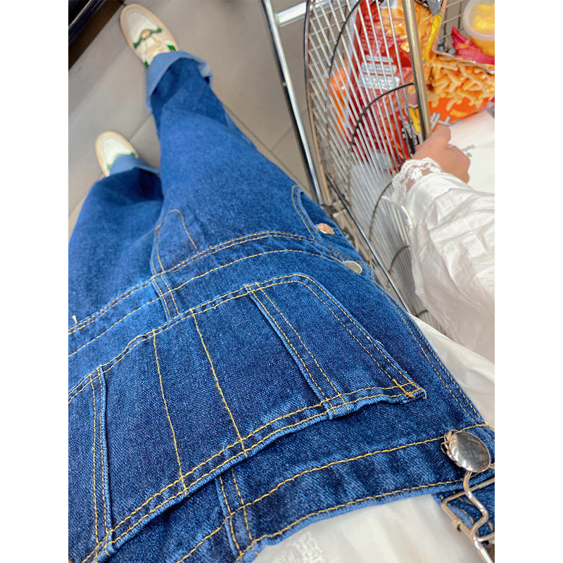 Blaue Denim-Overalls für Damen mit hoher Taille, lockere, gerade Hose mit weitem Bein, reduziert das Alter