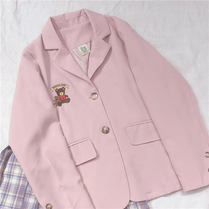 Blazer con bordado de oso Vitality Girl College Wind en color rosa macarrón