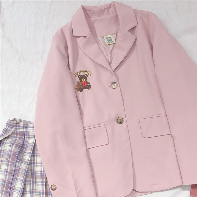 Blazer con bordado de oso Vitality Girl College Wind en color rosa macarrón