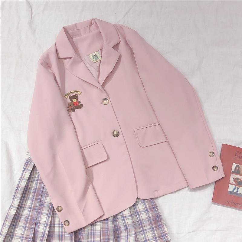 Blazer con bordado de oso Vitality Girl College Wind en color rosa macarrón