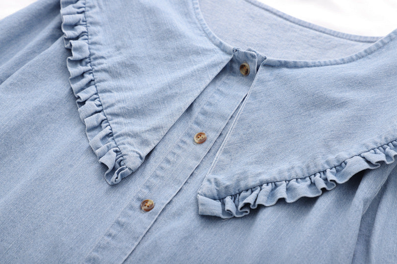 Women's Denim Shirt Top With Lotus Leaf Collar