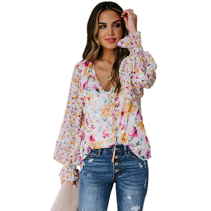 Camisa de manga larga para mujer Camisa holgada con estampado floral a la moda para mujer