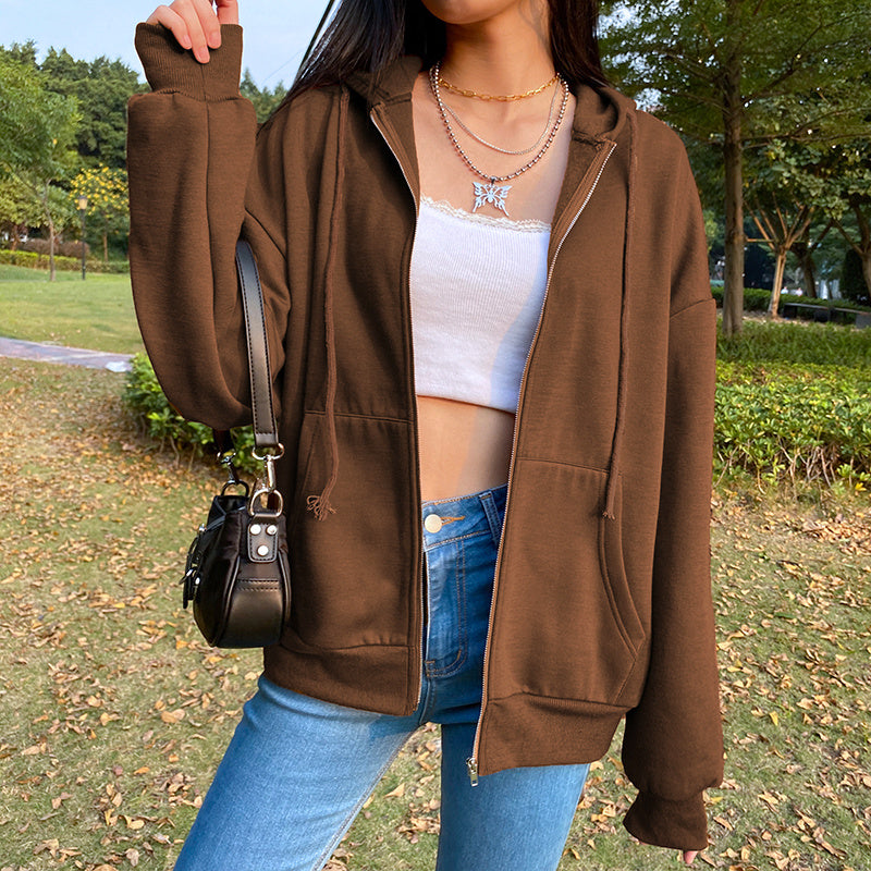 Chaqueta tipo cárdigan con cremallera marrón y viento sencillo de terciopelo para mujer, otoño e invierno, estilo callejero de Eu