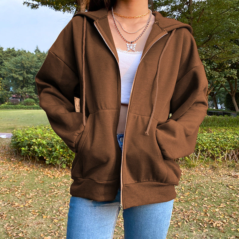 Chaqueta tipo cárdigan con cremallera marrón y viento sencillo de terciopelo para mujer, otoño e invierno, estilo callejero de Eu