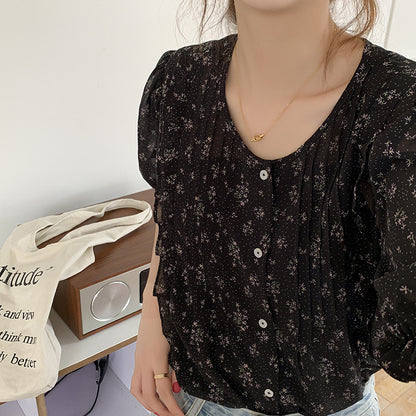 Floral Kurzarm Chiffon Shirt Frauen Sommer Koreanische Chic Sanfte Und Süße Bluse