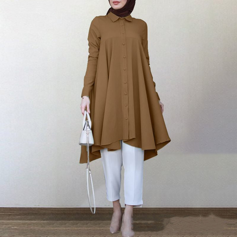 Women's New Muslim Solid Color Lapel Hem Long-sleeved Shirt