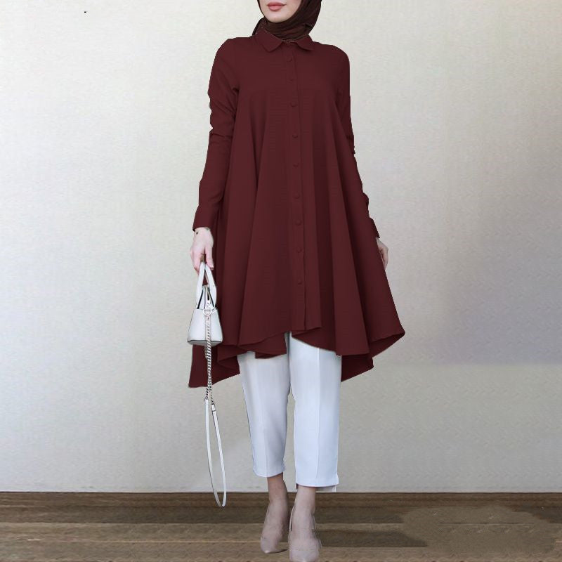 Women's New Muslim Solid Color Lapel Hem Long-sleeved Shirt