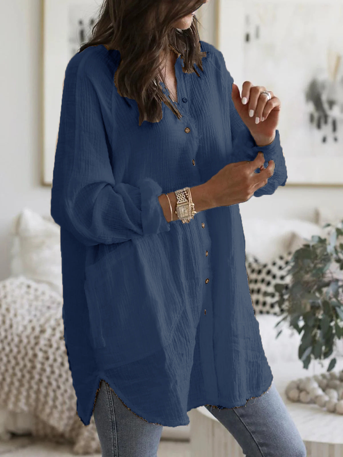 Women's V Neck Long Sleeve Button Loose Shirt Dress