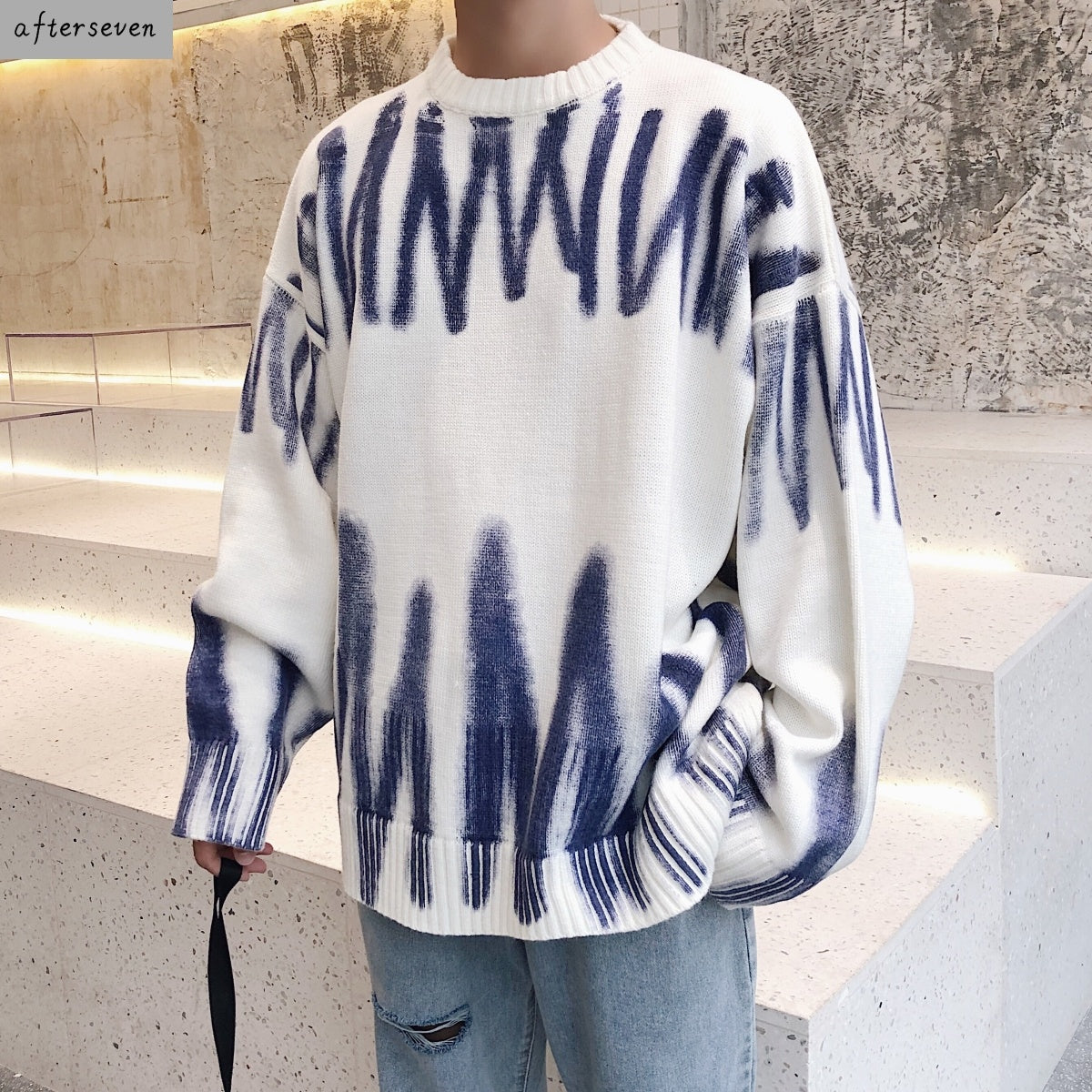 White Spray-dyed Loose Pullover Sweater Early Autumn