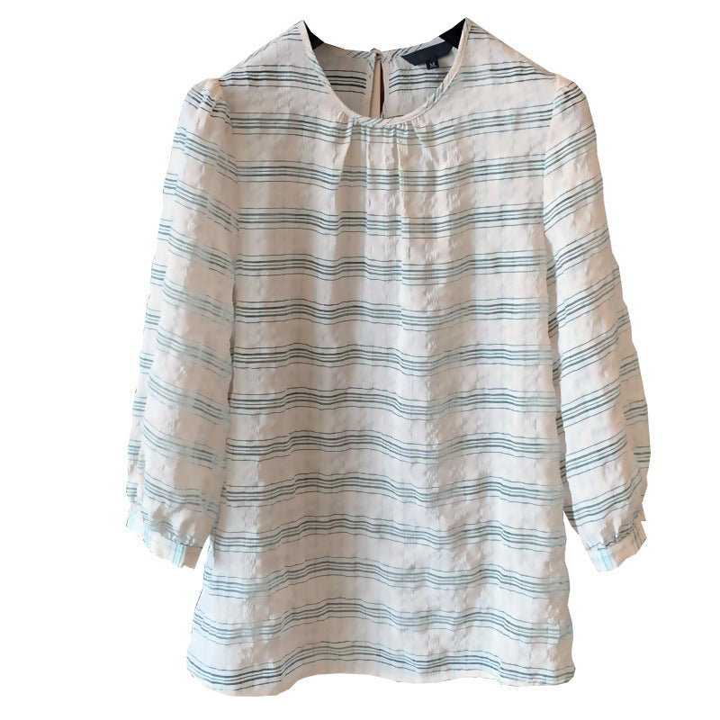 Women's Puff Sleeve Shirt Round Neck Plaid Pullover Loose Shirt